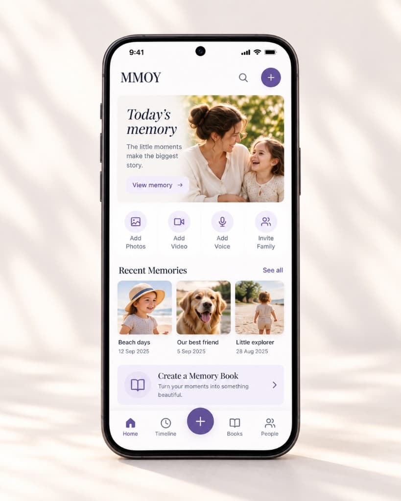 The MMOY app on a phone, showing today's memory and recent family memories